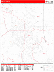 Fort Collins Wall Map Zip Code Red Line Style 2024
